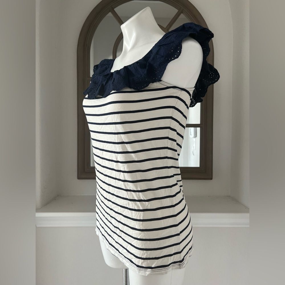 Lauren Ralph Lauren Striped Eyelet Ruffle Top, Cap Sleeve Round Neck Size XL NWT - Picture 6 of 14